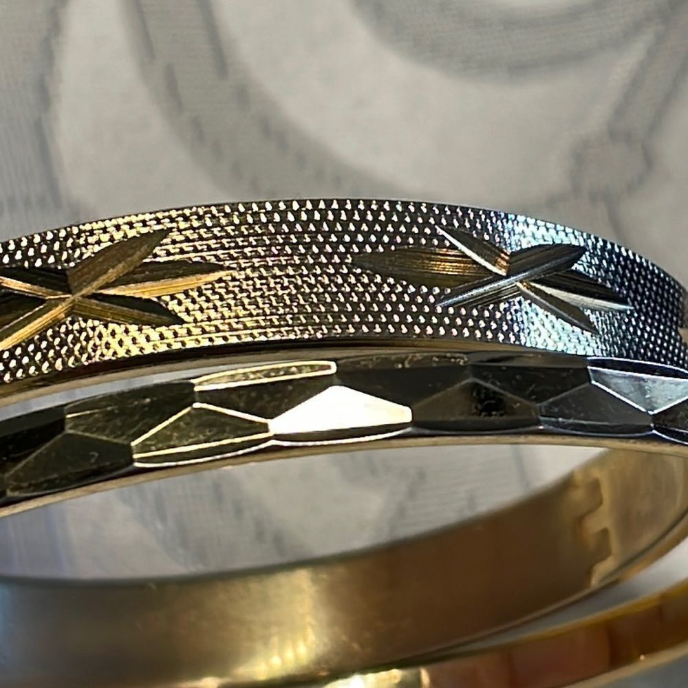 Two gold tone bracelets: one is vintage hinged & other is Monet faceted bangle - Picture 3 of 13